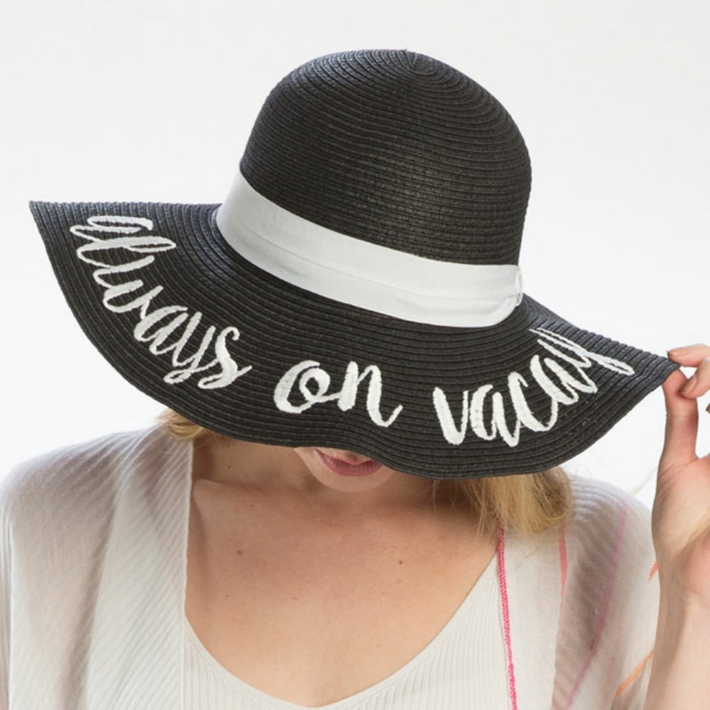 Black White Straw Always On Vacay Floppy Sun Hat - Picture 1 of 2